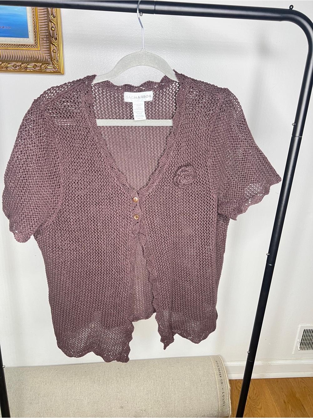 Sag Harbor Mauve Crochet Short Sleeve Button-Up Cardigan